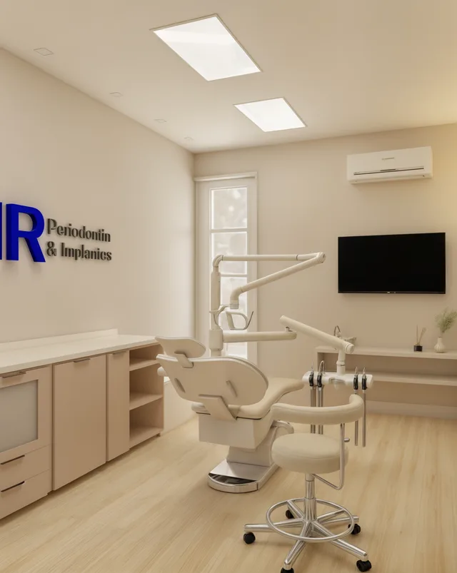 Imagem 3D de um consultório odontológico claro, com marcenaria bege e piso de madeira