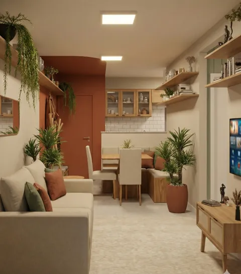 Imagem 3D da sala de jantar e estar com parede terracota e plantas