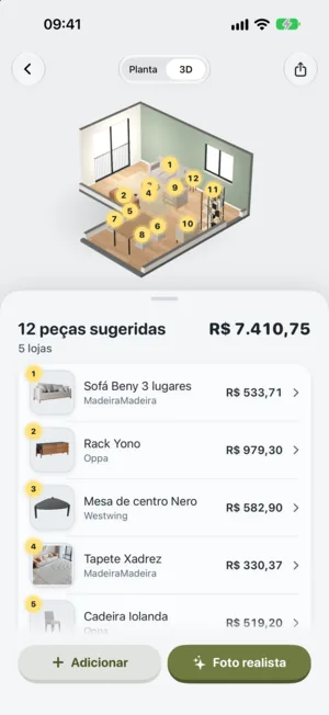 A proposta no app: o ambiente em 3D com as peças numeradas e a lista com foto, loja e preço de cada uma