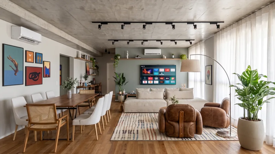 Imagem 3D realista de uma sala de estar e jantar integradas, com teto de concreto, trilhos de luz, sofá claro, poltronas de couro caramelo, tapete pontilhado e mesa de madeira com cadeiras brancas