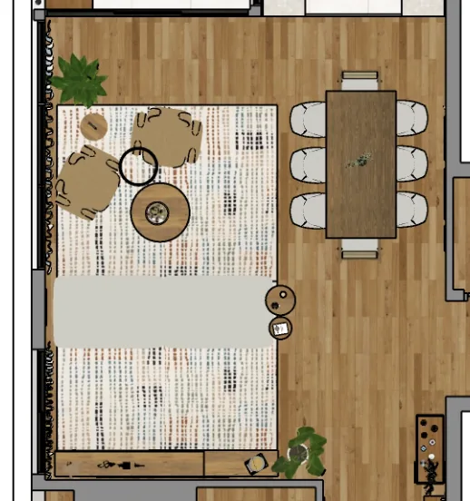 Planta de layout humanizada vista de cima, com sofá, poltronas, tapete, mesa de jantar para seis e plantas