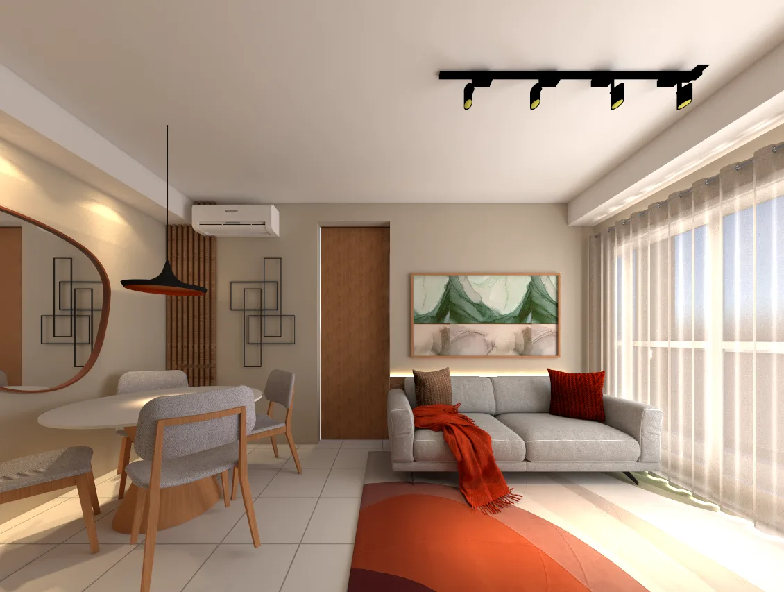 Imagem 3D realista de uma sala de estar e jantar com sofá cinza, tapete laranja, mesa redonda com cadeiras de madeira e cortinas claras, projeto da Curva